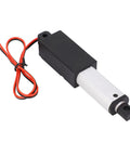 Mini 24V electric linear actuator with red and black wires, black housing and silver rod