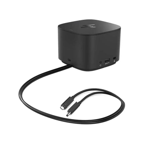 Level Up Your Workspace With This Slick Thunderbolt Dock 230W Delivering 100W Power Delivery To Laptops. Black multiport hub with cables.
