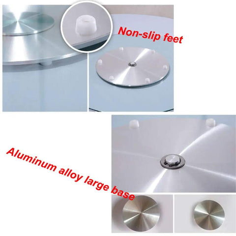 Close-up of tempered glass turntable with non-slip feet and aluminum alloy base, ensuring 360-degree easy glide rotation for kitchen table.