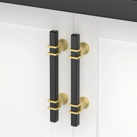 10 Pack 3 Inch Black And Gold Cabinet Handles Square Drawer Pulls for dresser and furniture hardware installed on white cabinet