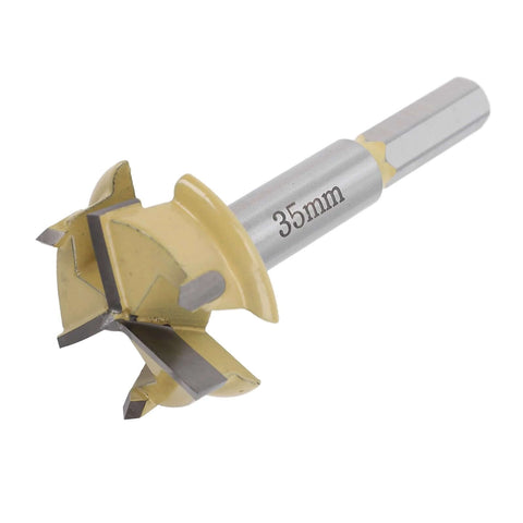Side view of 35mm hinge boring bit with 9mm hex shank and 3-flute cutter