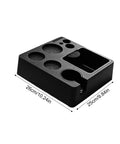 Built Tough Coffee Tamper Station And Espresso Organizer Box with rock solid portafilter holder in black, dimensions 26cm x 25cm.