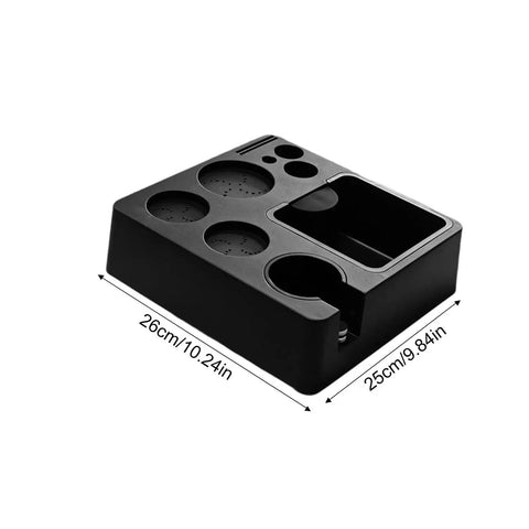 Built Tough Coffee Tamper Station And Espresso Organizer Box with rock solid portafilter holder in black, dimensions 26cm x 25cm.