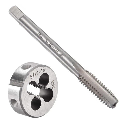 Two Piece 5/16-18 UNC Tap And Die Set With High Speed Steel And Alloy Steel For Right Hand Threads Includes Straight Flute Tap And Round Thread Die Great For New Or Retapping Damaged Threads And Fast Chip Removal