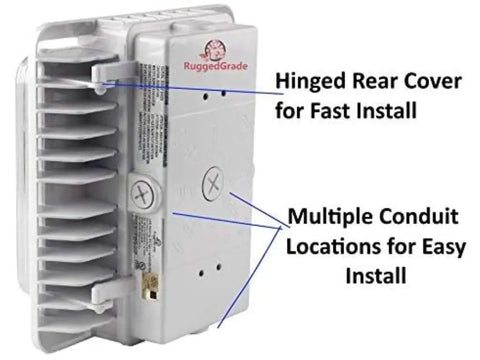 Back view of Beast Bright 150W LED Canopy Light Polaris I Series With Over 20,000 Lumens showing hinged cover and conduits.