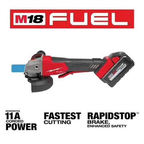 M18 Cordless Brushless Grinder Kit Featuring 5/8-11 Spindle And Anti-Vibration Side Handle With Paddle Switch Design For 4-1/2 And 5 Inch Grinding Applications Overload Guard Is Top Tier Stuff, side view of cordless grinder.