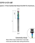 Three Sixteenth Inch DLC Coated Two Flute Carbide Ball Nose End Mill For Aluminum Copper Alloys And Plastic Machining