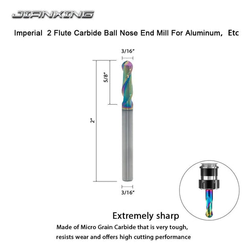 Three Sixteenth Inch DLC Coated Two Flute Carbide Ball Nose End Mill For Aluminum Copper Alloys And Plastic Machining