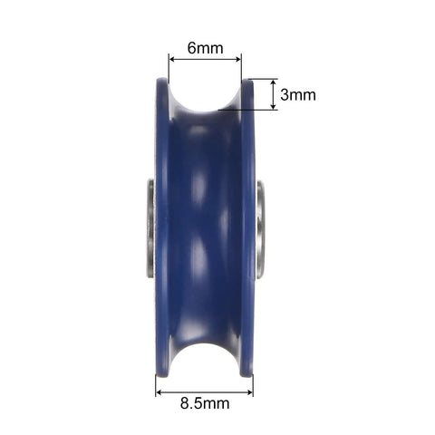 4 Pack U Groove Pulley Wheel Kit 5x25.5x8.5mm Nylon Guide Bearing For Door Window Tracks U Type Wheel With 6mm Groove Shielded Dual Sided Chromium Steel Bearings Quiet Smooth Operation Blue, side view with 6mm groove and 8.5mm width