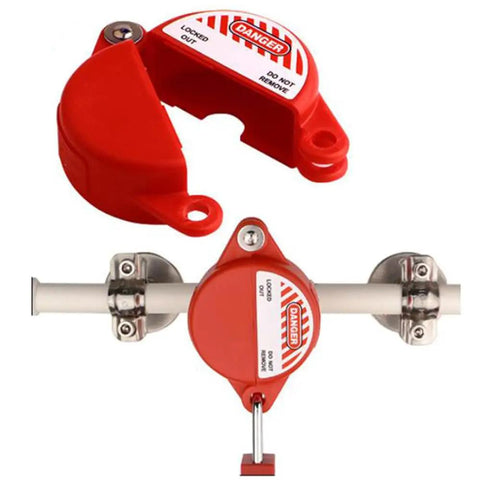 Red clamp on breaker lockout from 90 Piece Lockout Tagout Kit With Red Tool Box For Electrical Safety, locked on a white pipe