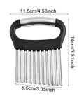 Crinkle cutter with black ergonomic handle and stainless steel blades; waffle fry cutter for potatoes and vegetables.