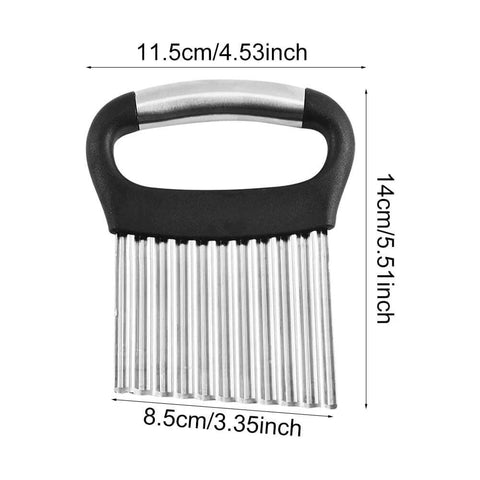 Front view of a black and silver stainless steel crinkle cutter with wavy blades for vegetables