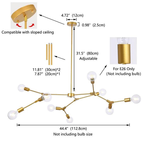 Gold 9 Light Sputnik Chandelier Modern Metal Ceiling Hanging Light Adjustable Pendant Fixture dimensions diagram.
