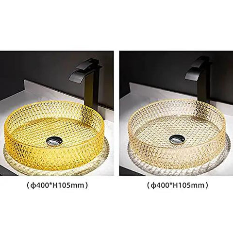 Bathroom Vessel Sink - Tempered s Wash Basin for Bar & Cloakroom, Countertop Vani Sink with Accessories, White Design for Home Decor, yellow and clear finish