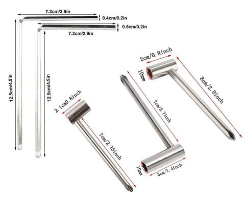 61 Piece Guitar Repair Tool Kit With Ruler Gauge And Hex Wrenches featuring various sized wrenches and measurement details