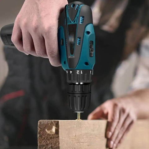 No Fuss Cordless Electric Drill And Screwdriver With 1.5Ah Lithium Battery Led Work Light Variable Speed Trigger in use on wood.