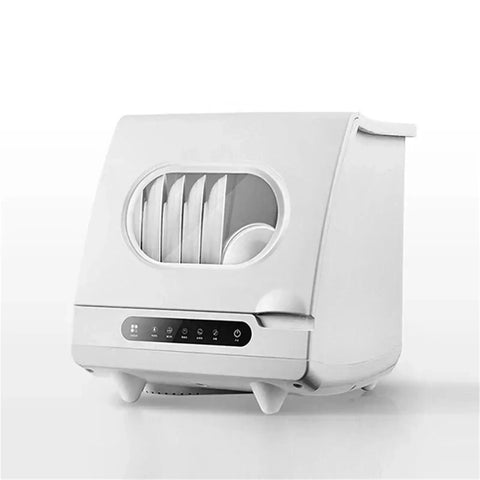 Compact Portable Countertop Dishwasher Offering No Sweat Installation And Smart Auto Wash Cycles Perfect For Small Kitchens Where Convenience Is King Plus Built In Antivirus Sterilizing Tech Keeps Dirty Plates Clean All Day Long shown from the side, featuring clean white finish and storage for dishes.