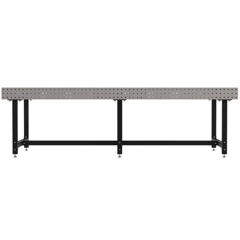 Badass Heavy Duty Welding Fixture Table With Laser Etched Two Inch Grid And Sixteen Millimeter Clamp Holes Precision Leveling Feet ten by five foot steel workbench made in USA, front view.