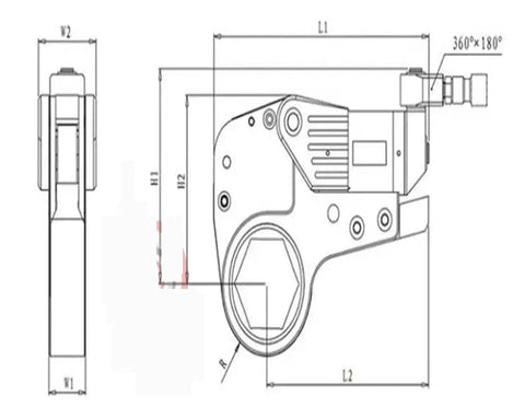 Technical diagram of Heavy Duty Hydraulic Torque Wrench Generating 700 Bar Real Deal Pressure with dimensions labeled.