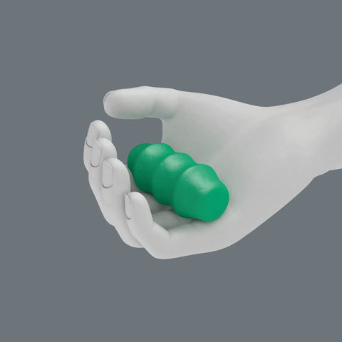 A hand holding the ergonomic handle of the Kraftform Kompakt 10 Piece Screwdriver Set With Rapidaptor Bit Holder.