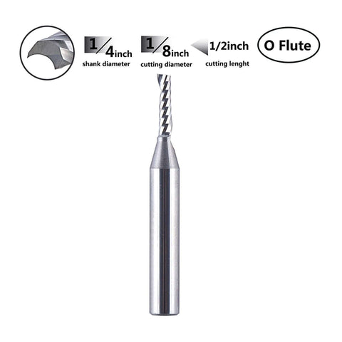 SpeTool 5pc carbide single-flute end mill set, 1/8 in cutting diameter, 1/4 in shank, 1/2 in cutting length.