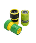 20 Pack Quick Connect Garden Hose Fittings Set With 1/4 Inch To 1 Inch Sizes For Quick No Fuss Hose Repair, Drip Irrigation, And Watering System Connectors Made From Durable Plastic. Three plastic quick-connect garden hose fittings in green, black, and yellow