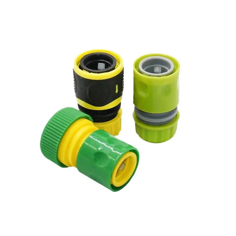 20 Pack Quick Connect Garden Hose Fittings Set With 1/4 Inch To 1 Inch Sizes For Quick No Fuss Hose Repair, Drip Irrigation, And Watering System Connectors Made From Durable Plastic. Three plastic quick-connect garden hose fittings in green, black, and yellow