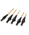 Top Tier Five Piece Countersink Drill Bit Set Rock Solid For Smooth Woodworking And Hard Steel Cutting That Plays Nice With All Standard Cordless Power Drivers - five assorted carbide tipped sizes.