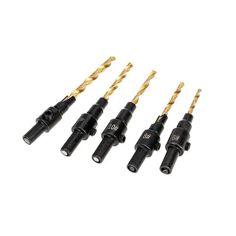Kickass Heavy Duty Step Drill Bit Set For Wood And Metal Featuring Precision Countersink Design For Cordless Power Tools Sizes Five Through Twelve - five drill bits of various sizes.