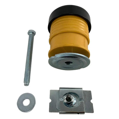 Direct Bolt On Body Mount Bushing Kit For Ford F250 F350 F450 F550 Trucks 2008 Through 2016, yellow bushing and metal components.