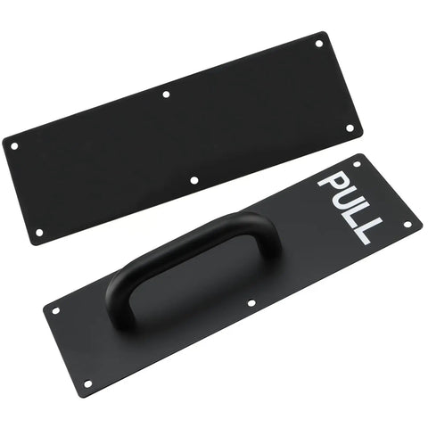 Stainless Steel Door Handles Set, 4 Pack, 12x4 Inches, Black Finish, Pull And Push Plates With 24 Screws, Commercial Grade Handles For Office, Home, And Retail Doors, front view