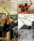 Heavy Duty Wall And Ceiling Mount Bracket For Gym Suspension Straps And Battle Ropes With 850 Lb Load Rating in use on ceiling, wall, and door frame.