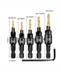 Five Piece Countersink Drill Bit Set For US Wood Screws Includes Size 5, 6, 8, 10, 12, Pro Grade High Speed Steel shown with hex key