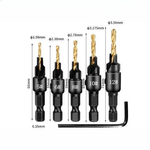 Five Piece Countersink Drill Bit Set For US Wood Screws Includes Size 5, 6, 8, 10, 12, Pro Grade High Speed Steel shown with hex key