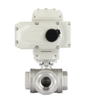 Knockout Performance Motorized Three Way Ball Valve With Straight Threaded Hookup And Fully Automatic Electric Control Easily Manages Water Liquid Or Steam In Any Rig Or Job Site Setup Size Dn100, top view showing electric control.