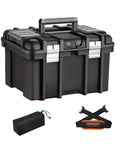 Top Shelf Folding Portable Stainless Steel Tool Box And Multifunctional Organizer Set Heavy Duty Garage Storage For Cars And Workshops Built Tough With Wide Open Access And No Fuss, black toolbox with handle.