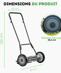 18-Inch Push Reel Lawn Mower With 5 Blades, Heat-Treated Alloy Steel Blades, Scissor-Cut Action, Black Finish, dimensions shown