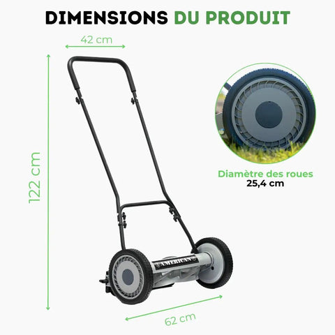 18-Inch Push Reel Lawn Mower With 5 Blades, Heat-Treated Alloy Steel Blades, Scissor-Cut Action, Black Finish, dimensions shown