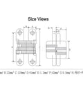 Size dimensions of Top Shelf Heavy Duty Stainless Steel Hidden Cross Door Hinges Featuring Fully Invisible Concealed Folding Mechanism.