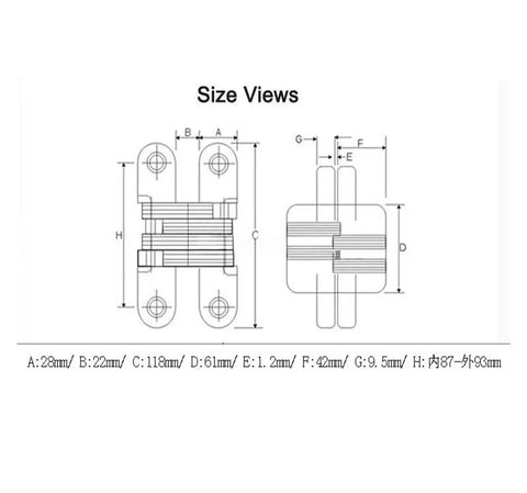 Size dimensions of Top Shelf Heavy Duty Stainless Steel Hidden Cross Door Hinges Featuring Fully Invisible Concealed Folding Mechanism.
