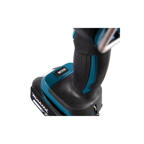 Close-up of the 18V LXT Cordless LED Flashlight Spotlight With Four Modes 600 Lumens Spot 1000 Lumens handle and mode button.