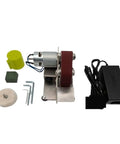 Mini Electric Belt Grinder Machine Sharpener And Polisher Tool ideal for metalworking projects with DC motor and accessories.