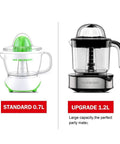 Comparison of Luukmonde Electric Citrus Juicer 1.2L Large Volume Orange Squeezer with standard 0.7L model, black and green machines.