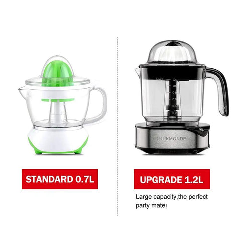 Comparison of Luukmonde Electric Citrus Juicer 1.2L Large Volume Orange Squeezer with standard 0.7L model, black and green machines.