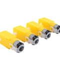 Four yellow DC motors for Four Wheel Mecanum Robot Car Kit With Single Layer Aluminum Alloy Chassis, side view.