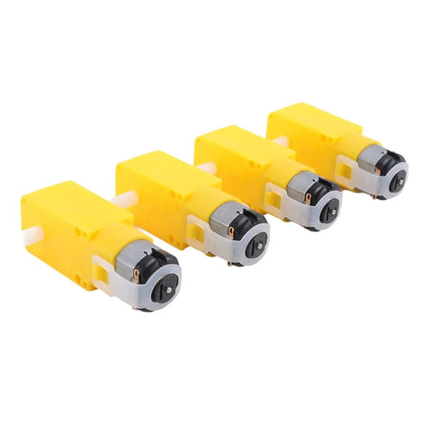 Four yellow DC motors for Four Wheel Mecanum Robot Car Kit With Single Layer Aluminum Alloy Chassis, side view.