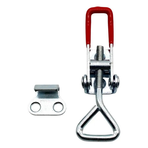 Heavy Duty Pull Latch Clamp With 360 Pounds Capacity Adjustable Hook And Toggle Fastener That Lets You Lock Doors Securely In A Breeze For Trucks, Cabinets Or Heavy Storage Gear. metal latch clamp with red handle and mounting bracket