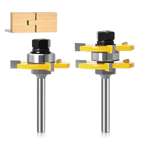 Kickstart Your Woodworking With This Awesome 2PC 6mm Tongue And Groove Router Bit Set showing T-slot joinery router bits and joint sample.