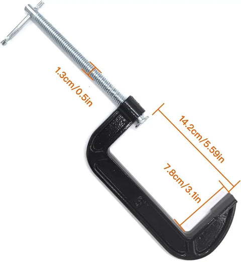 Beefy 6 Inch C Clamp Set Built Tough With Two And Five Eighths Inch Throat Depth And 1350 Lb Clamp Force, dimensions labeled