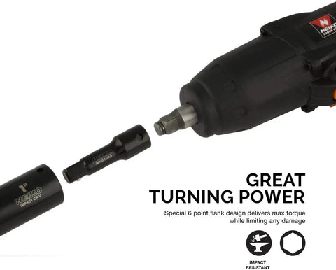 Impact wrench with attachments from Master Impact Socket Set for Three Eighths Inch and One Half Inch Drives, 38 Piece, SAE and Metric Sizes.